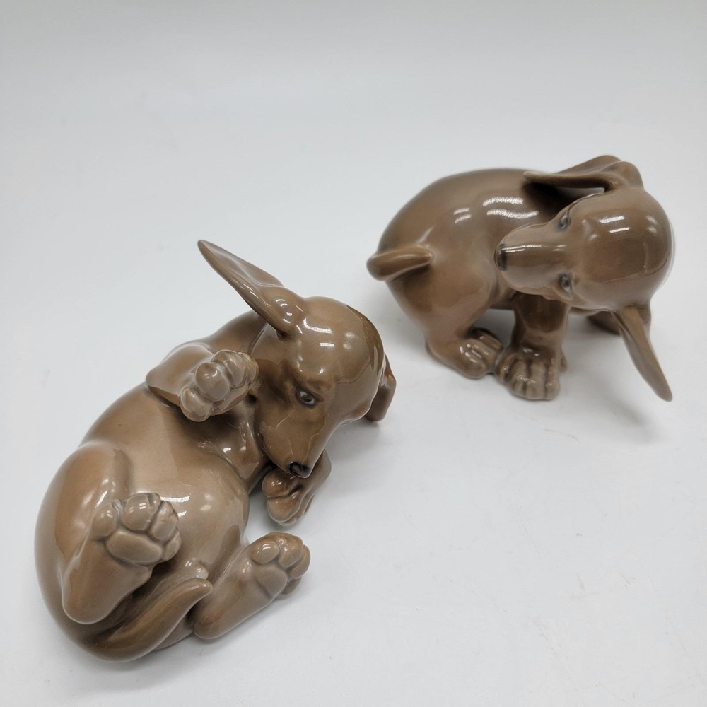 Royal Copenhagen 1407 / 1408 Dachshund Puppy Dogs Figurines Set Porcelain No Box